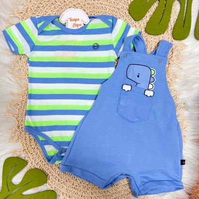  Conj. Body Listrado e Jardineira Dino - Verde e Azul